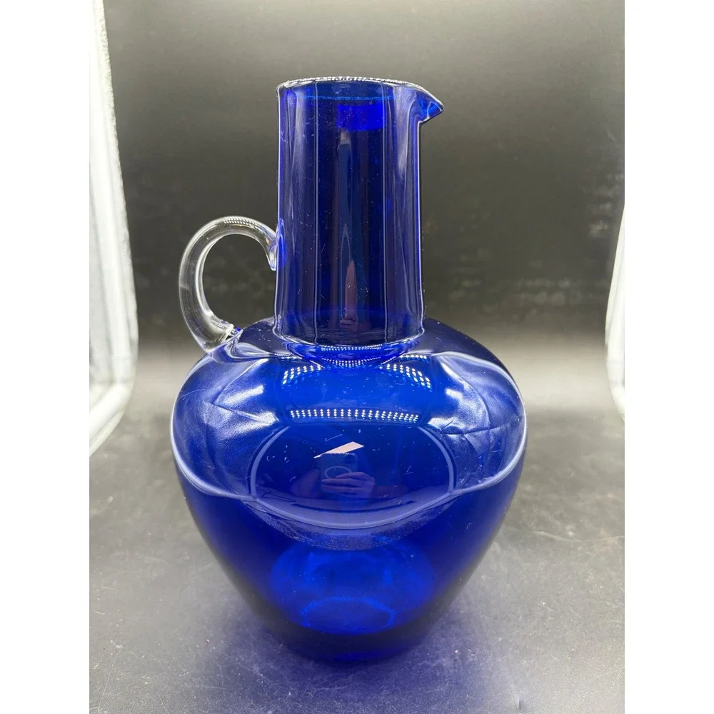 Norsk Glass Cobalt Blue Handblown Pitcher Norway Vintage Glass Carafe 8.5
